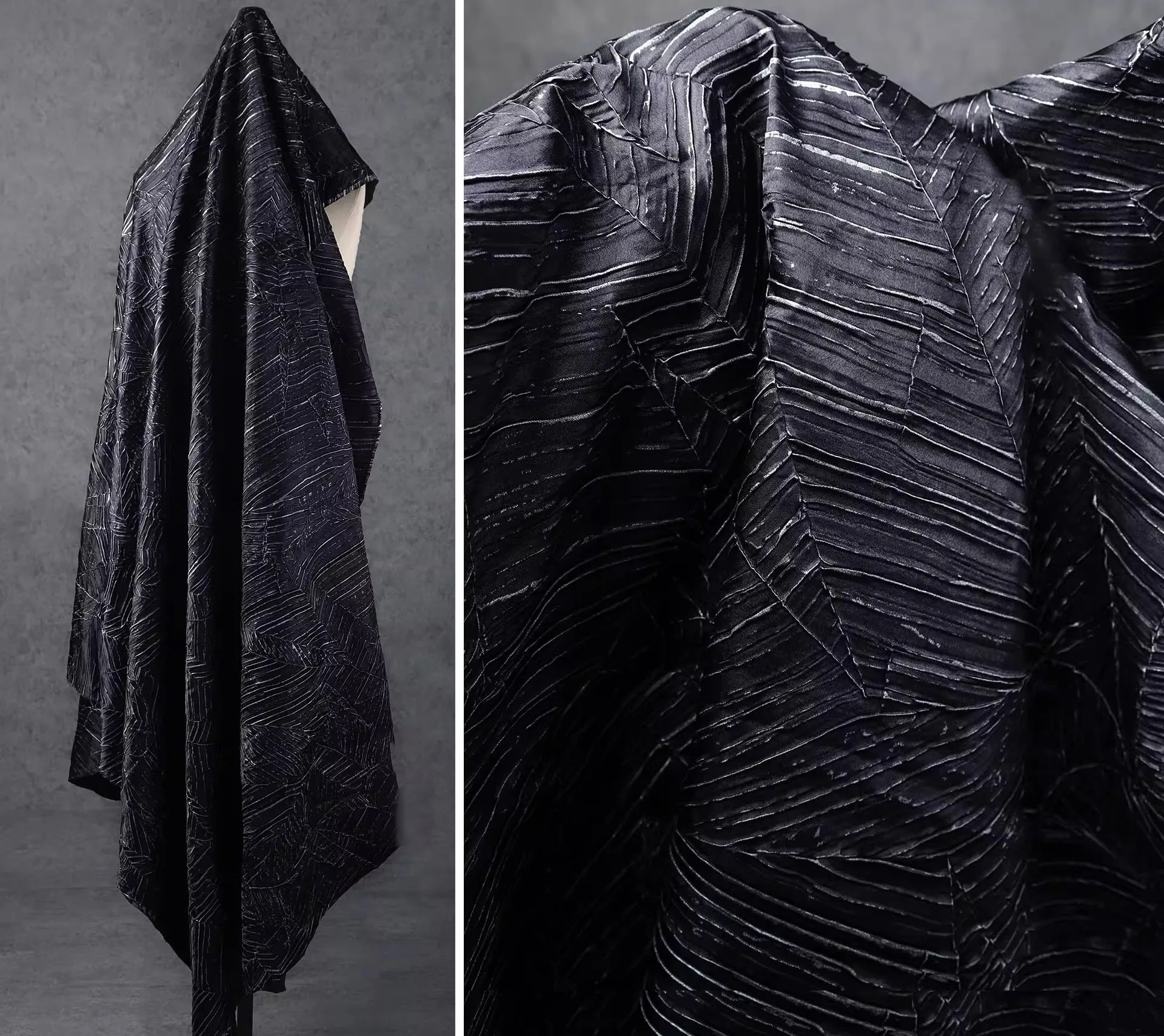 

1yard Black with silver venetian leather fabric Special pleated texture tissu Coat,skirt，bag diy designer Fabrics for patchwork