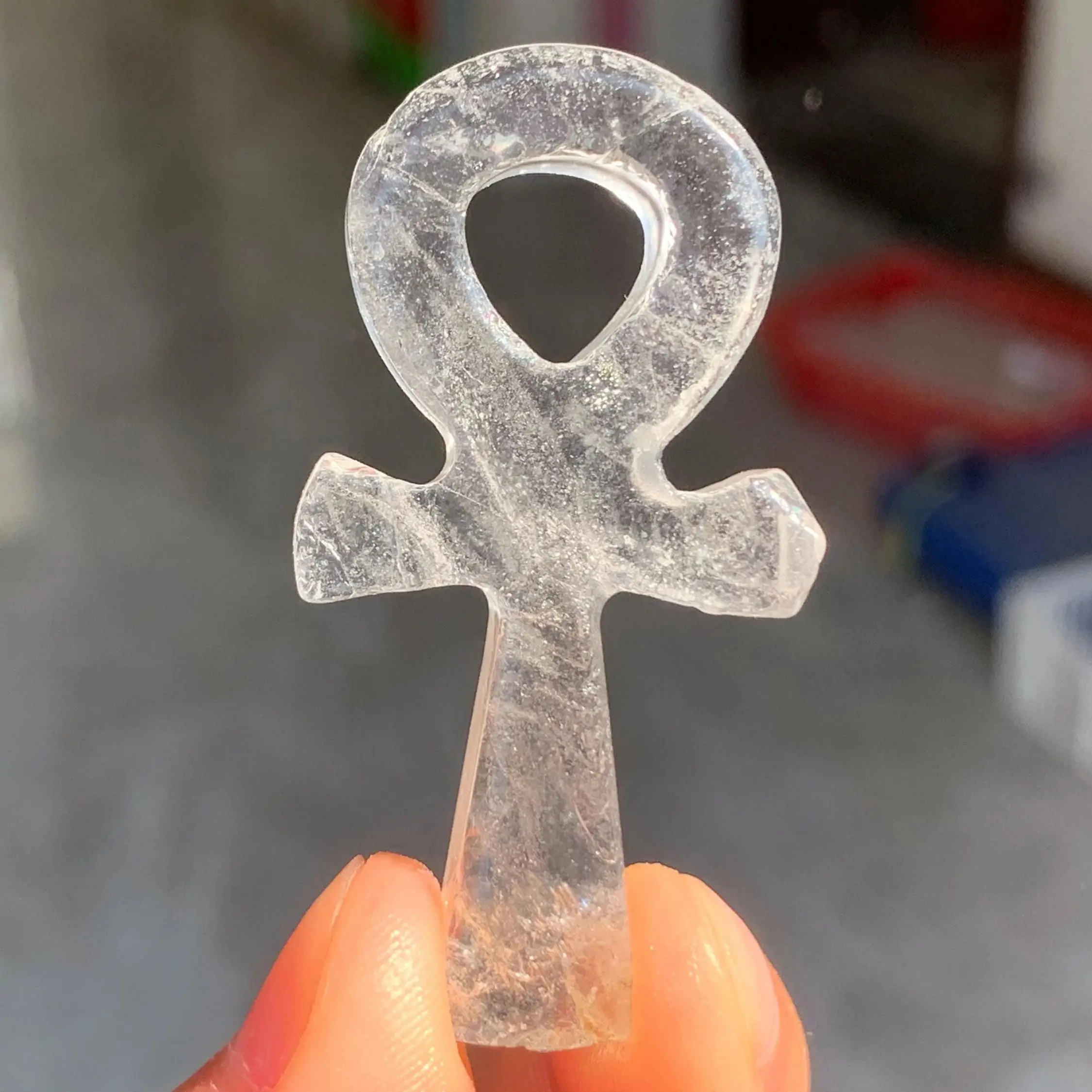 Natural Clear Quartz Crystal Ankh Carving, Polished Egyptian Symbol Stone
