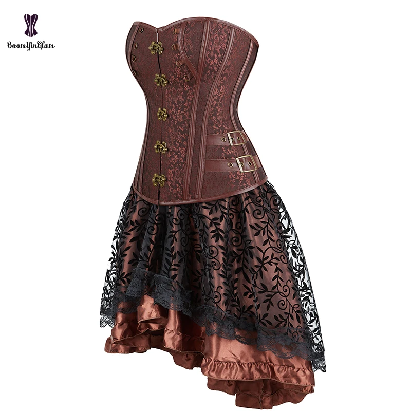 Steampunk Gothic Corset Dress Suit Bustier Top With Asymmetrical Skirt Sexy Victorian Gorset Plus Size S-6XL