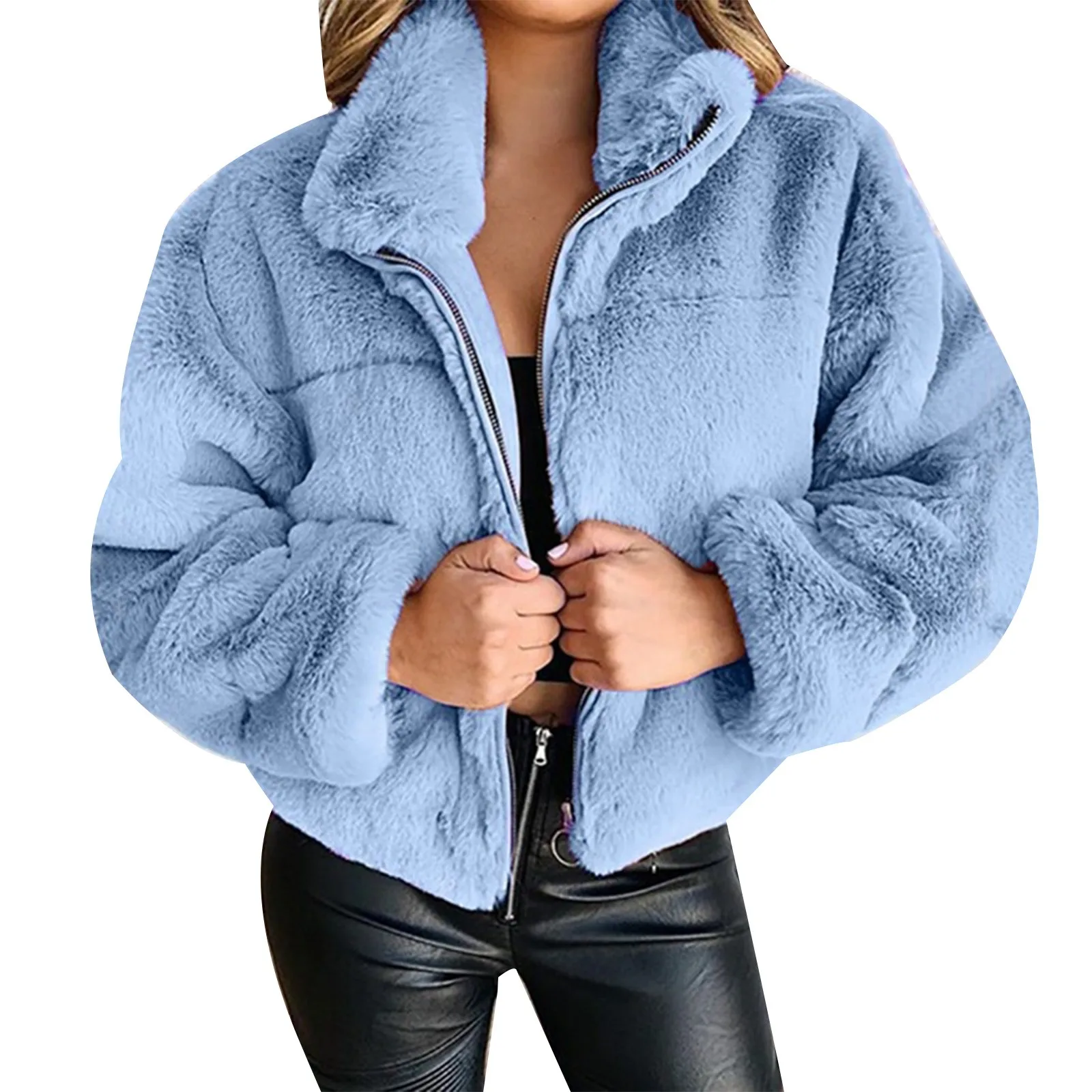 Outono e inverno curto casaco falso moda peludo lapela zip cardigan casaco grosso de pelúcia quente jaquetas senhoras outwear