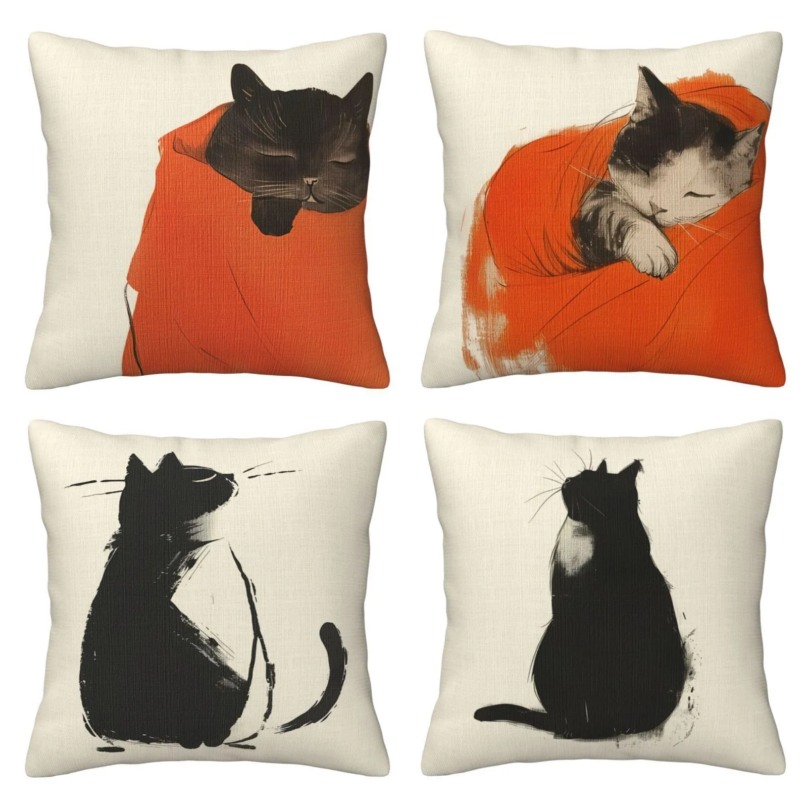 

Современная наволочка с изображением кошки в чернильном стиле: минималистичный чехол для подушки с черно-оранжевым узором для стильного дивана, гостиной, домашнего декора