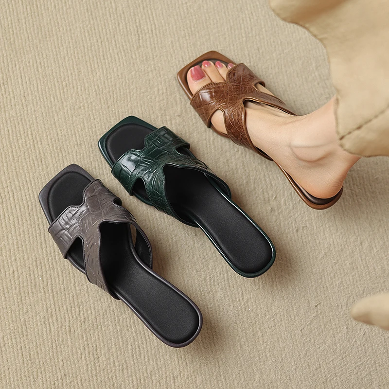 2026 new summer women pumps natural leather 22-25cm cowhide+sheepskin+satin open toe hollow-out wedges mules women slippers