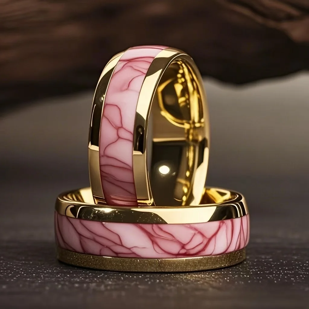 Groothandel mode roze abalone schelp herenring unieke gouden kleur bruiloft verloving roestvrijstalen ringen dames feestring - afbeelding 2