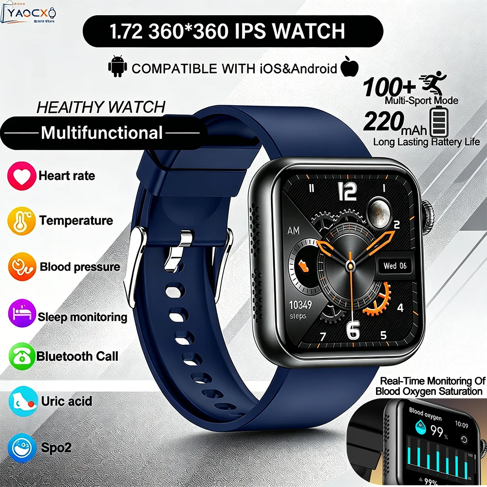 

TK50 Heart Rate Blood Pressure Oxygen IP68 Waterproof 1.72" HD Screen Bluetooth Call AI Voice Micro Gheck Smart Watch Smartwatch