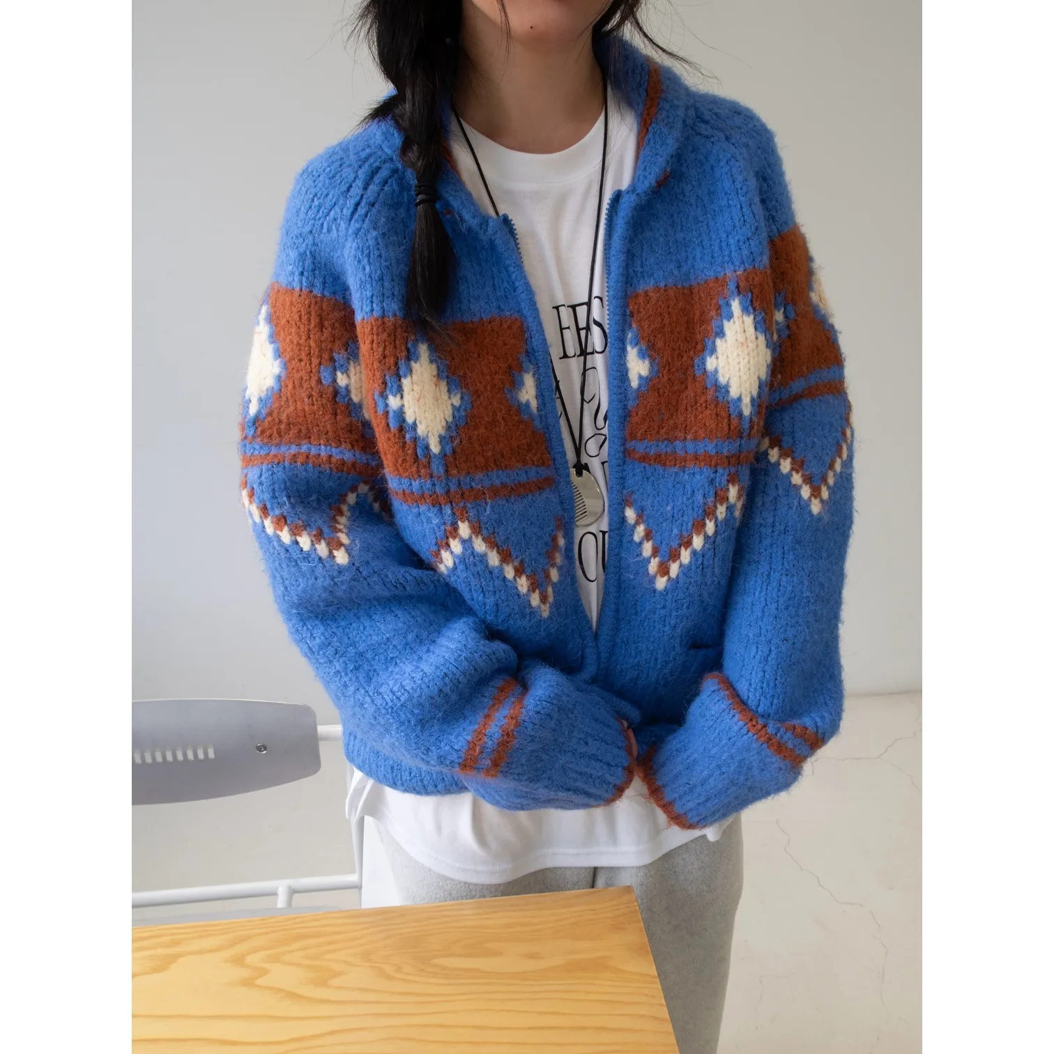 

Chic Winter Fair Isle Color Blo Long Sve Zipper Sweater Jaet Women's Faionable Anti-Aging Design Knittedwear