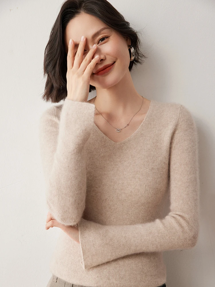 Grace Women Cashmere Pullover V-neck Basic Slim Sweater Autumn Winter 100% Cashmere Knitwear Split Sleeve Solid Comfort Clothing