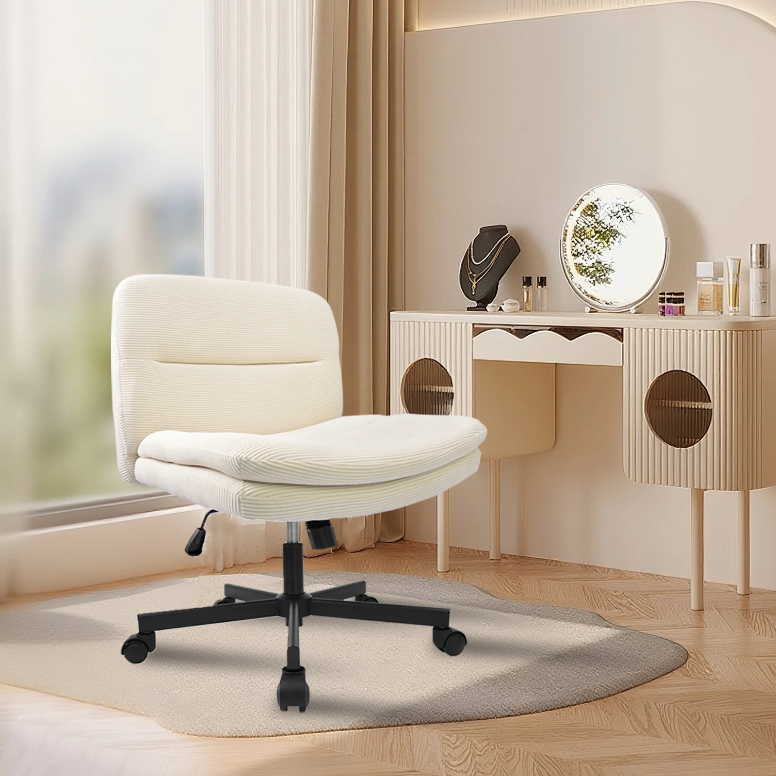 Chaise de bureau sans accoudoirs durable pour le bureau à domicile, chaise de bureau en tissu, chaise de vanité ergonomique à jambes croisées réglable en hauteur.