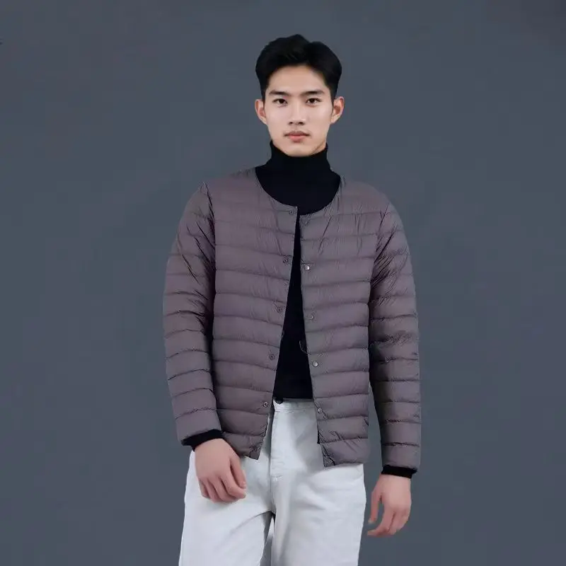 Men Round Neck Lightweight Quilted Padded Coat Thin Warm Inner Liner Jacket Plus Size Casual Autumn Winter Outerwear