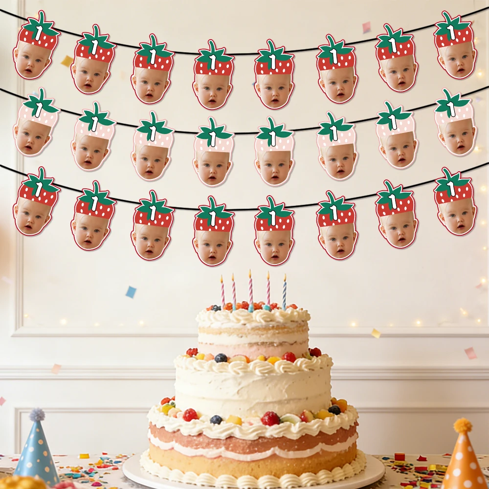 8pcs Custom Birthday Strawberry Hat Photo Banner Personalized Face Photo Bunting Banner for Birthday Party Favor Birthday Banner