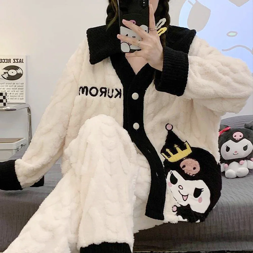 Sanrioed Cartoon Cinnamoroll Pluche Pyjama Set Kuromi Vrouwen Coral Fleece Thuis Kleding Anime Kawaii Leuke Dikker Meisjes Tops Broek