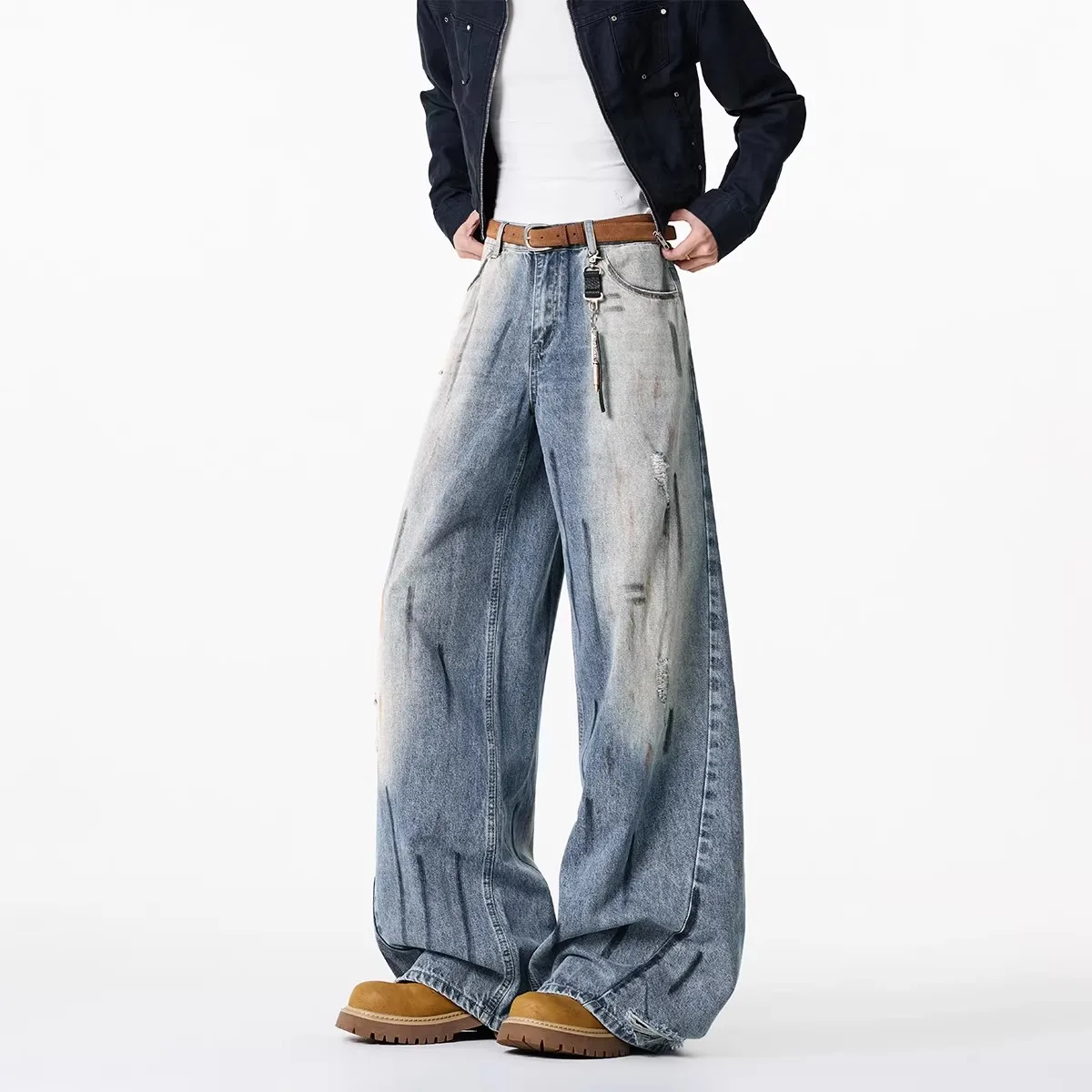 Men's Blue Y2k Jeans Harajuku Baggy Denim Trousers Japanese 2000s Style Vintage Jean Long Pants Oversize Clothes New