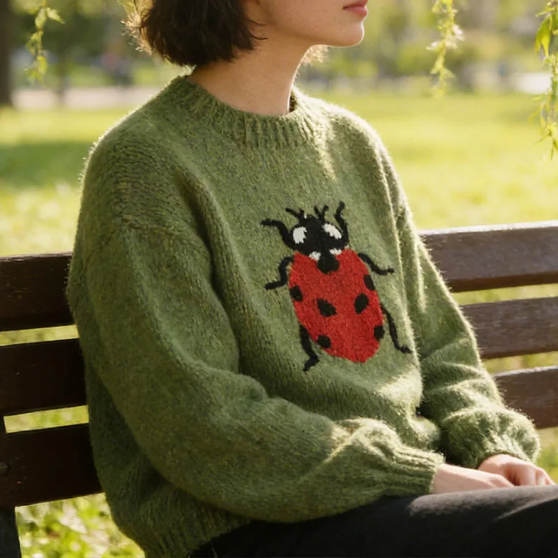 Vintage Ladybug Cartoon Jacquard Knit Sweater Soft Women Lazy Pullover Autumn Winter Long-sleeved Top Sweaters Jumpers Pullover