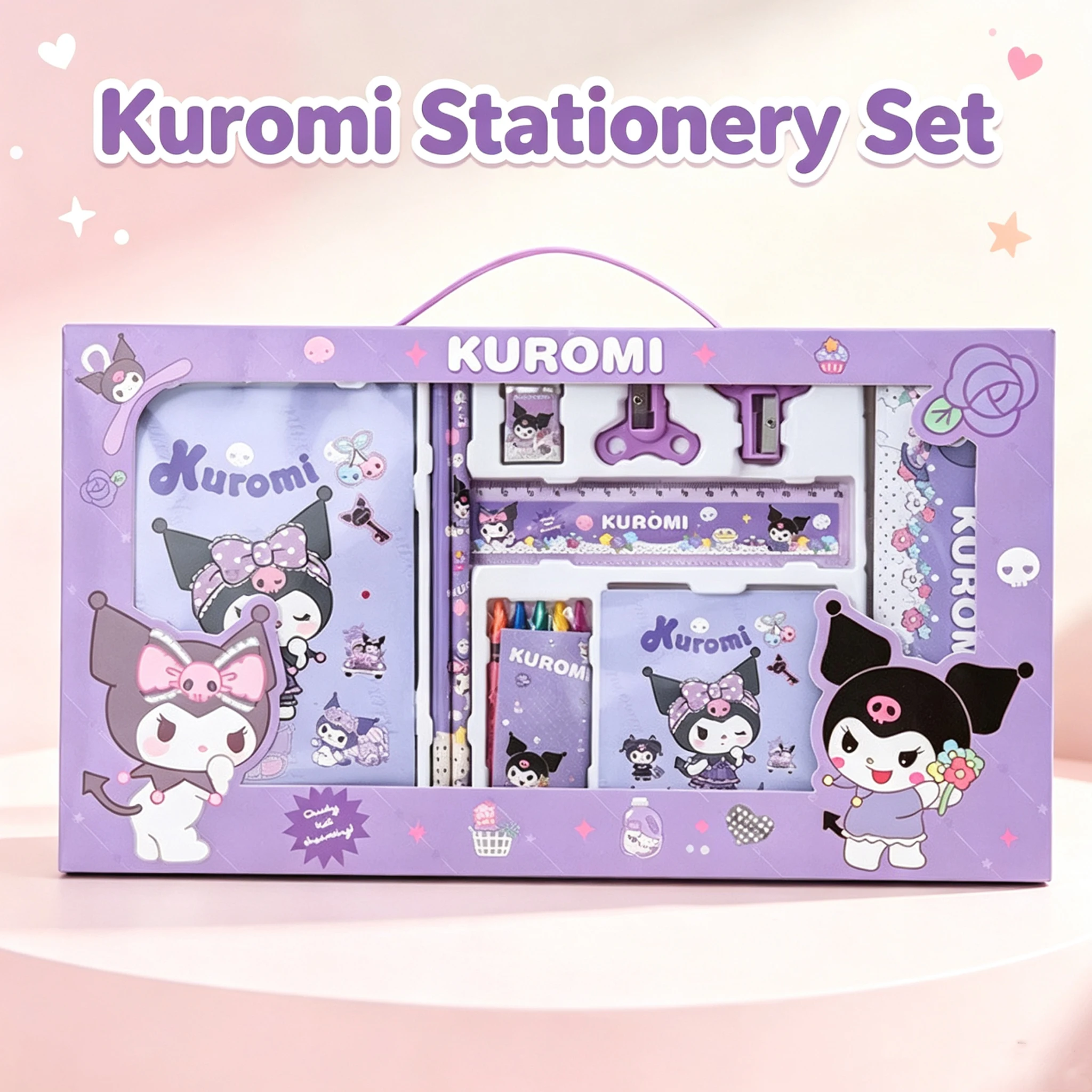 Sanrio 14-teiliges Schreibwaren-Set, einschließlich Metall-Federmäppchen, Notizbuch, Buntstifte, Lineal, etc., Schulbedarf-Geschenk für Kinder