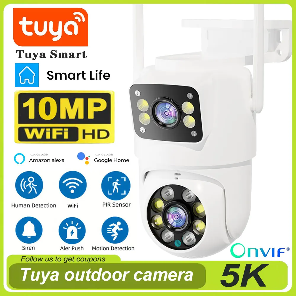 

10MP Tuya Dual Lens Wifi Camera PTZ Outdoor 4K Wireless Dual Screen Security Camera Auto Tracking Surveillance Alexa/ Goggle Cam