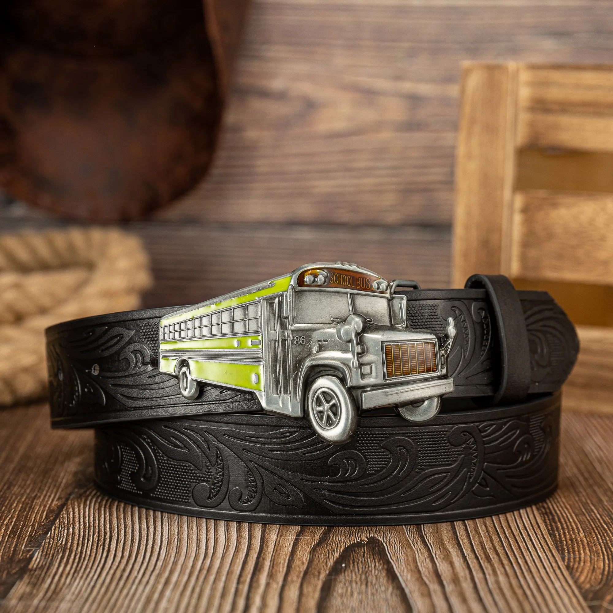 Transportation vehicles school bus motorcycle large buckle personalized trendy PU embossed button belt
