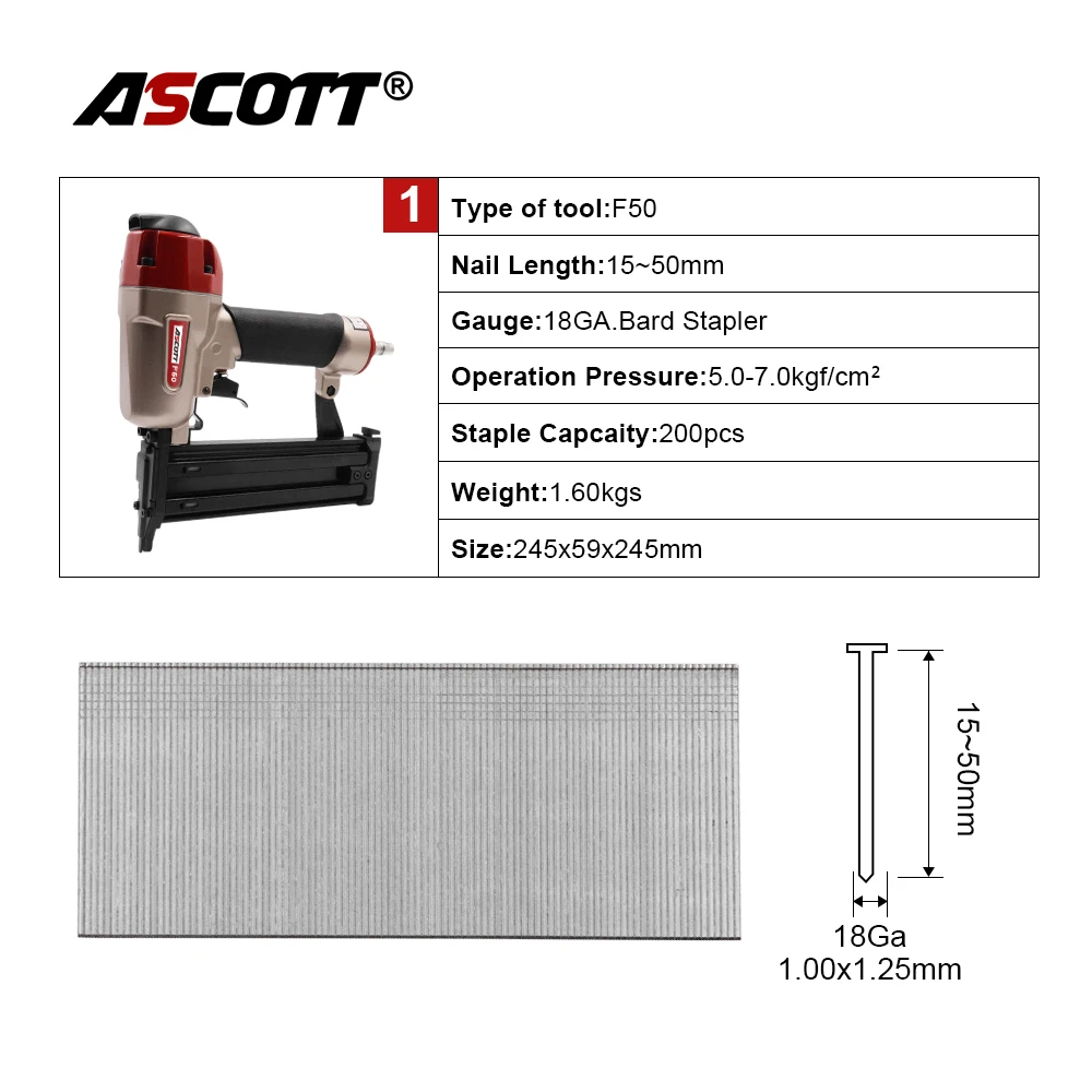 18Gauge Pneumatic Upholstery Stapler F50 Accepts 15-50mm Brad Nails for Upholstery Furniture Air Nail Gun