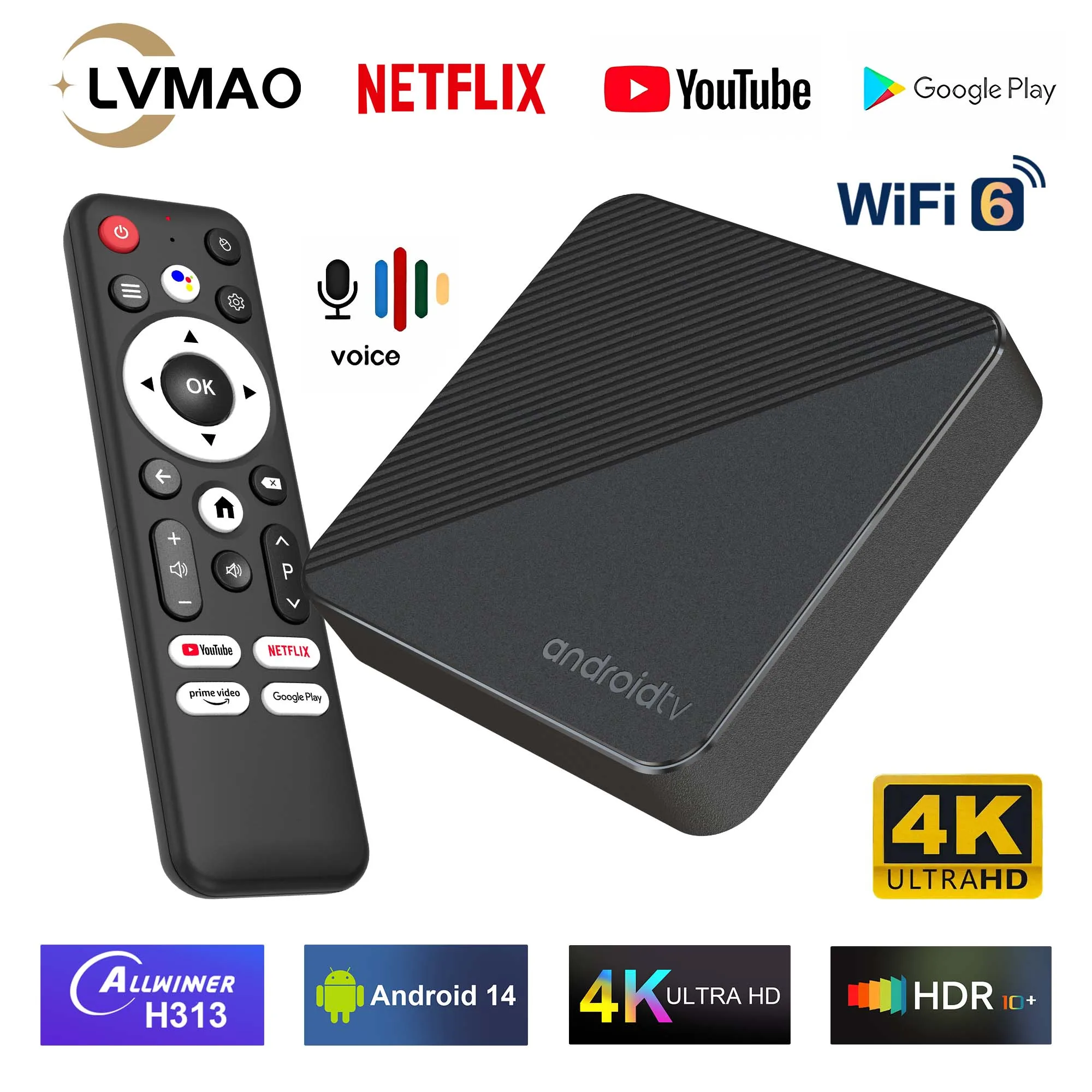 LVMAO T1S Smart TV BOX Android 14 Allwinner H313 4K HDR 2.4G&5G WiFi BT5.0 Google Play Youtube Voice 2G 16G LAN 100M Set Top Box