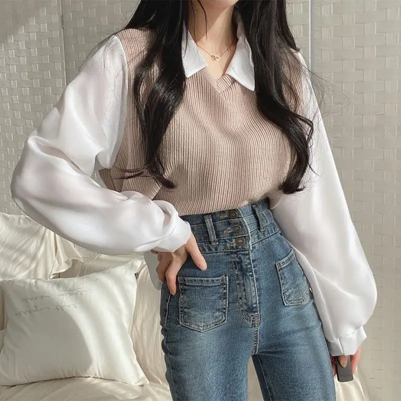 Y2k Polo Collar False Two-piece Blouse Women Spring Casual Korean Shirt Vintage Loose Pullover Tops Long Sleeve Elegant Blouses