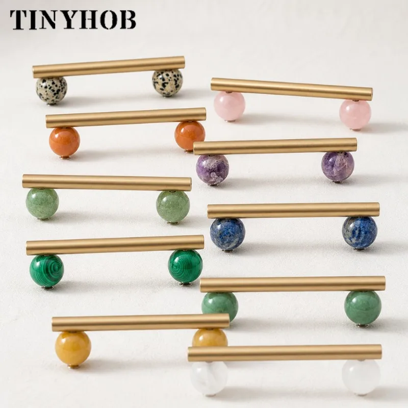Tinyhob Nordic Art Handle/Natural Marble+Brass Handles and Knobs Drawer Pulls Kitchen Cabinet Knobs Pink  Furniture Hardware