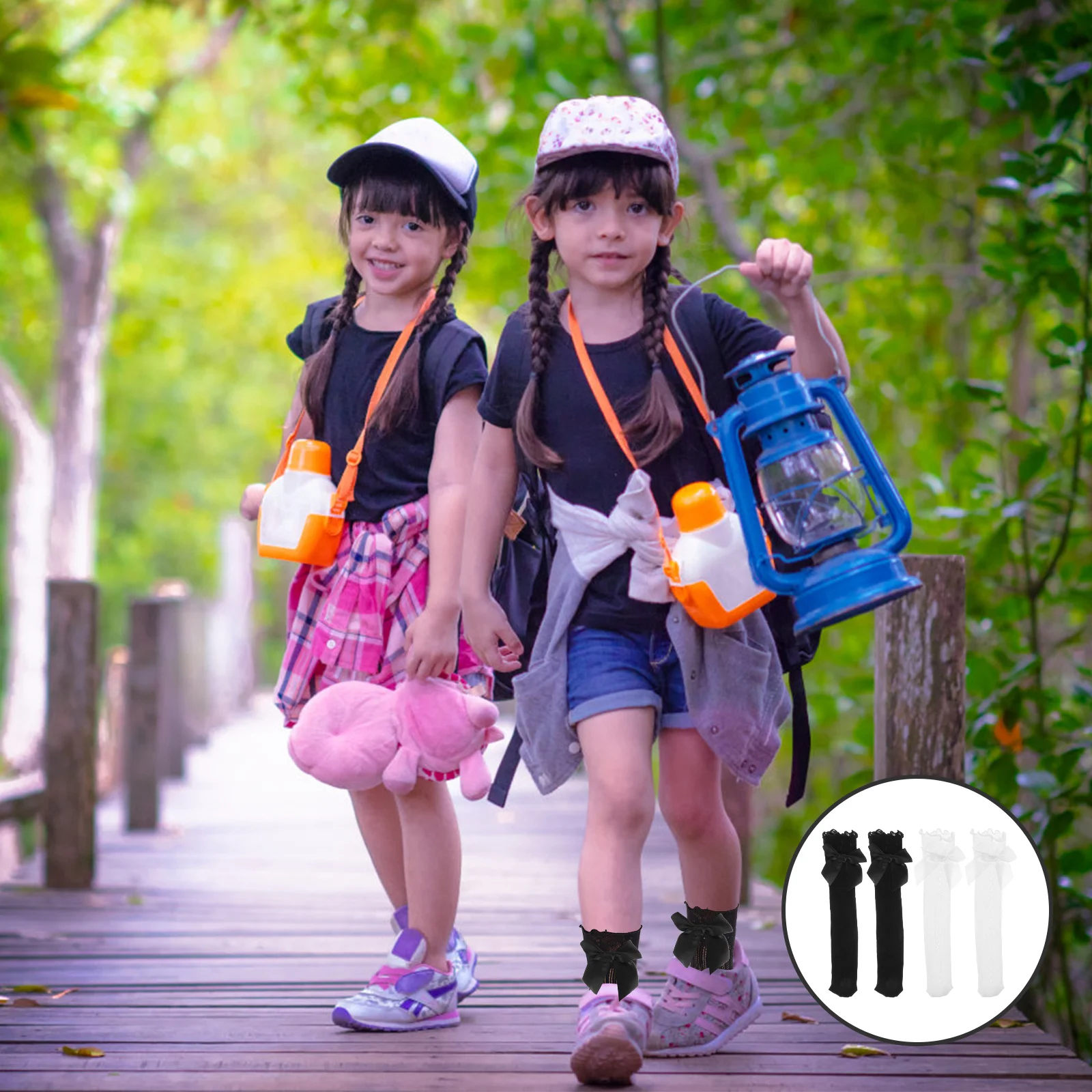 

4Pairs Girls Long Socks Lace and Mesh Material Cozy Comfortable Over Calf Ruffle Trim Bow Detail Elegant Casual Wear Little Girl