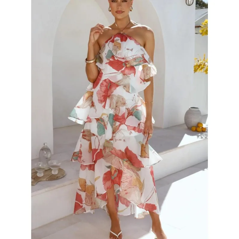 Women's Floral Print Halter Neck Layered Ruffle Maxi Dress 2026 Summer Casual Vacation Sleeveless Backless Beach Long Dress
