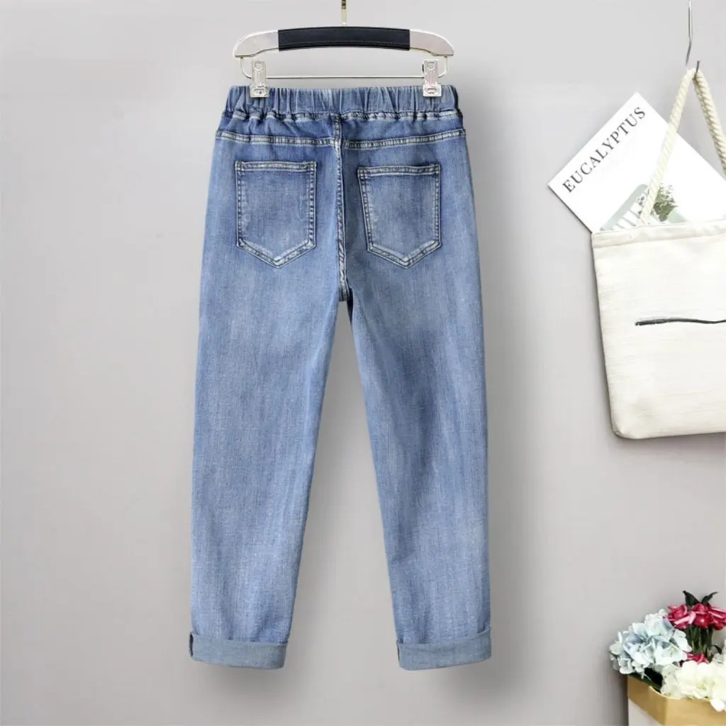 Hoge taille dunne gescheurde jeans voor grote maten dames stretch mollig meisje bijgesneden broek grote legging herfststijl