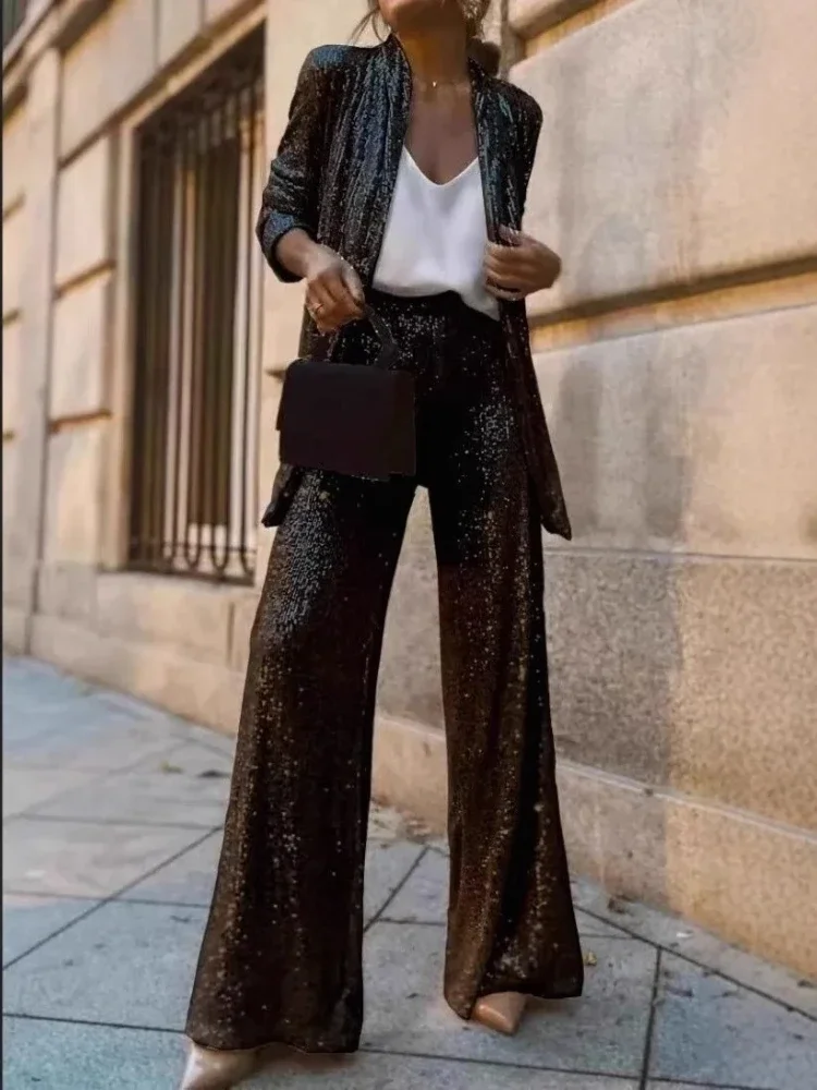 Womens Fashion Sequin Pant Sets Long Sleeve Two Piece Sets Elegant Blazer Pants Suits Temperament Slim Fit Women's Clothing
