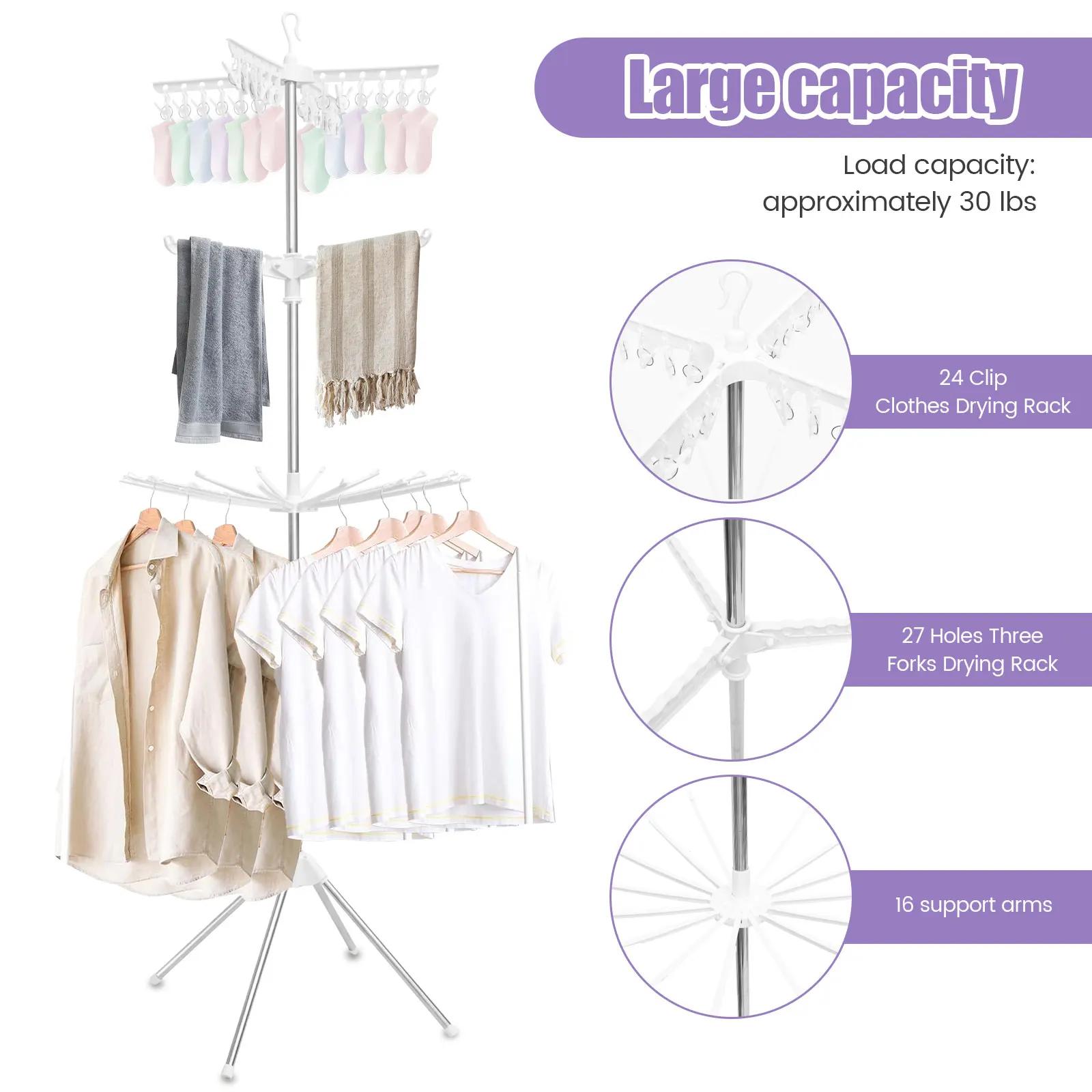 3-Tier Clothes Drying Rack Collapsible Laundry Drying Rack with Rotatable Arms 24 Clips Large Clothes Drying Tree for Balcony