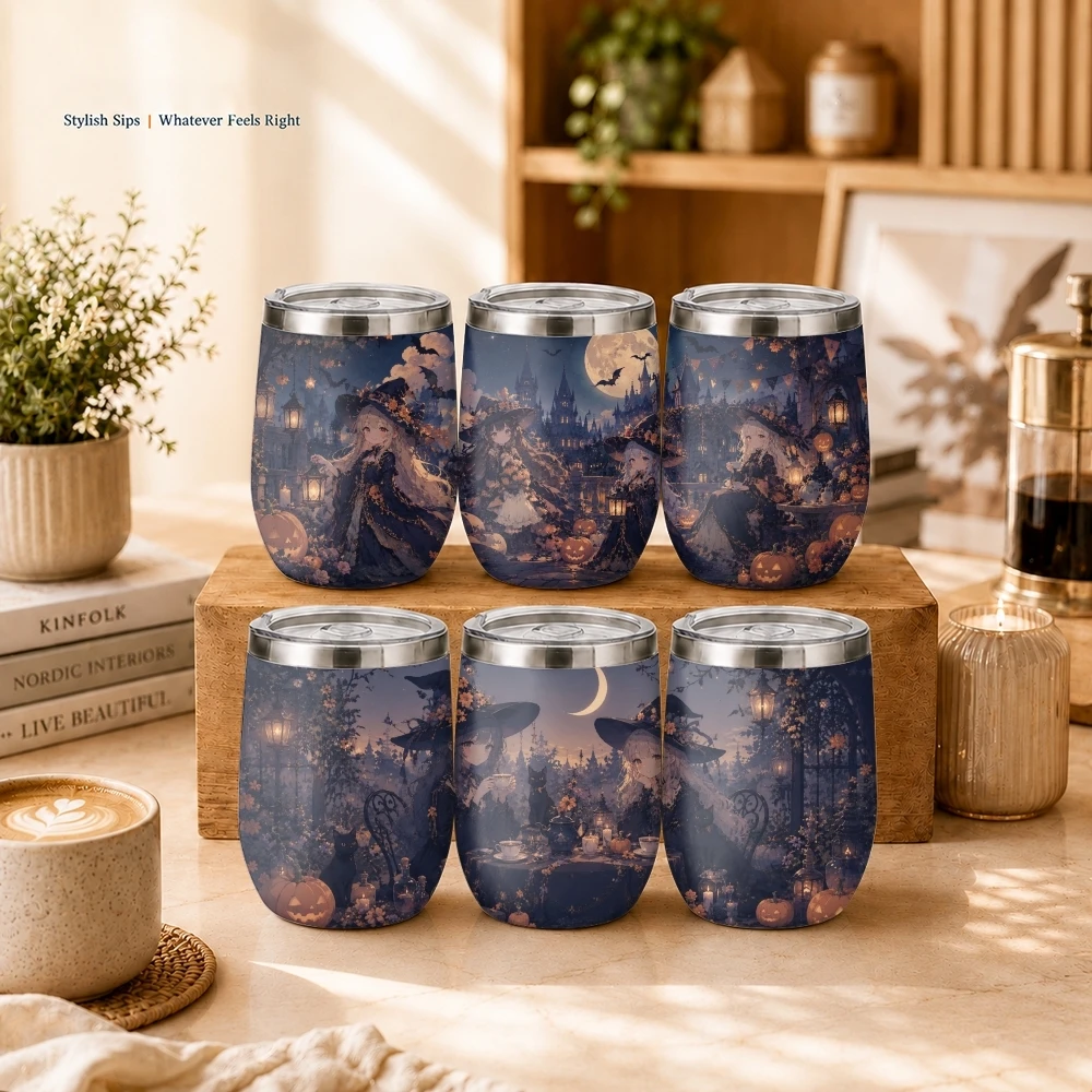 Halloween Witch Party Vacuum Flasks 12oz Insulated Wine Tumbler Vacuum Coffee Mug Egg Shaped Thermos