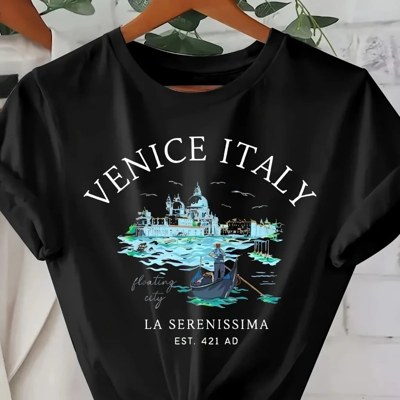 Italian Printed T-shirt Short-sleeved Round Neck Casual Tops Summer Spring Minimalist Wind Harajuku Women's Shirt Short-sleeved