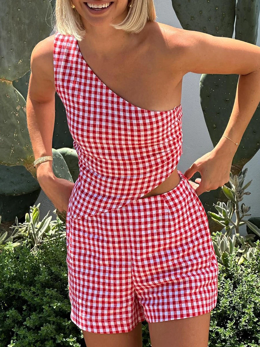 Women’s Checkered Sets Summer Casual Pajamas 2 Piece Outfits Sleeveless One Shoulder Tank Tops High Waist Shorts Set Loungewear