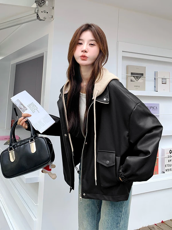 カラーブロフード付きPUレザージャケット女性用ort Sle秋の新作ファイオン小さいサイズアンチエイジングレザーコート