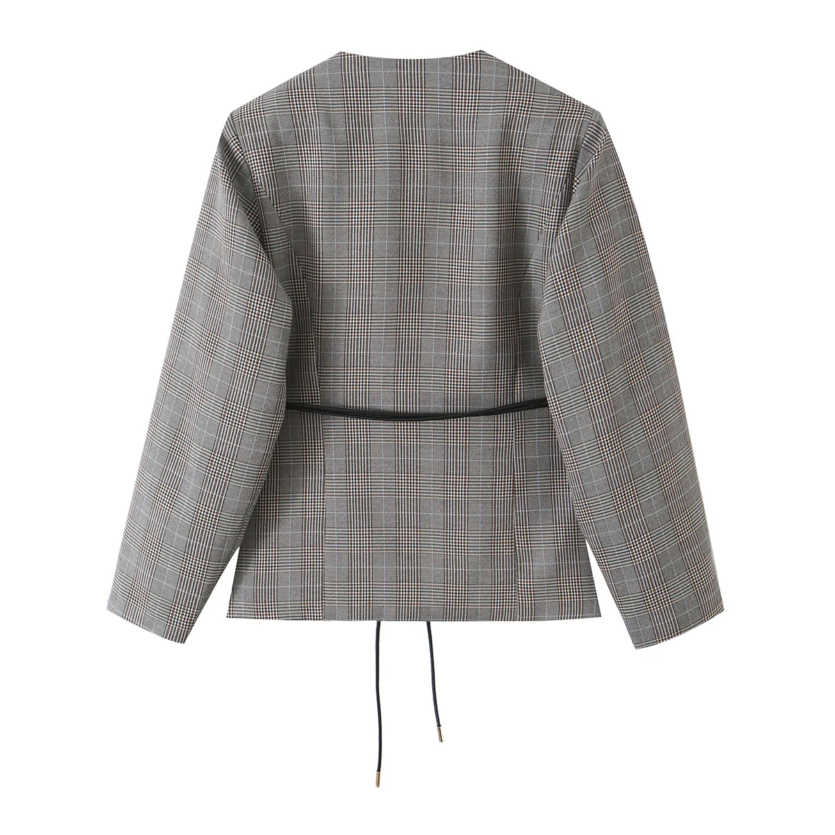 DUOPERI Women Grey Brown Plaid Drawstring Blazer Long Sleeve Collarless V Neck Top Female Chic Lady Casual Short Jacket