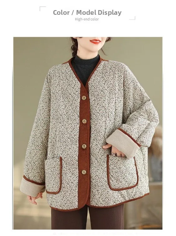 

Хлопковая куртка контрастного цвета с цветочным принтом в стиле ретро, женская зимняя свободная посадка, круглое теплое хлопковое пальто Sli для поездок на работу, длинное...