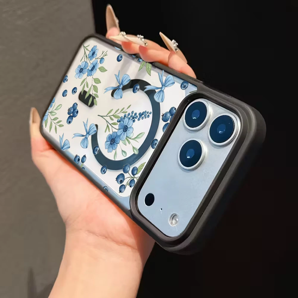 Blaubeer-Blumenmuster Transparente Hülle für iPhone 17 14 12 Pro Max 13 16 15 Plus 11 Hüllen für Magsafe Kabelloses Laden Stoßfeste Schutzhülle – Detail 21