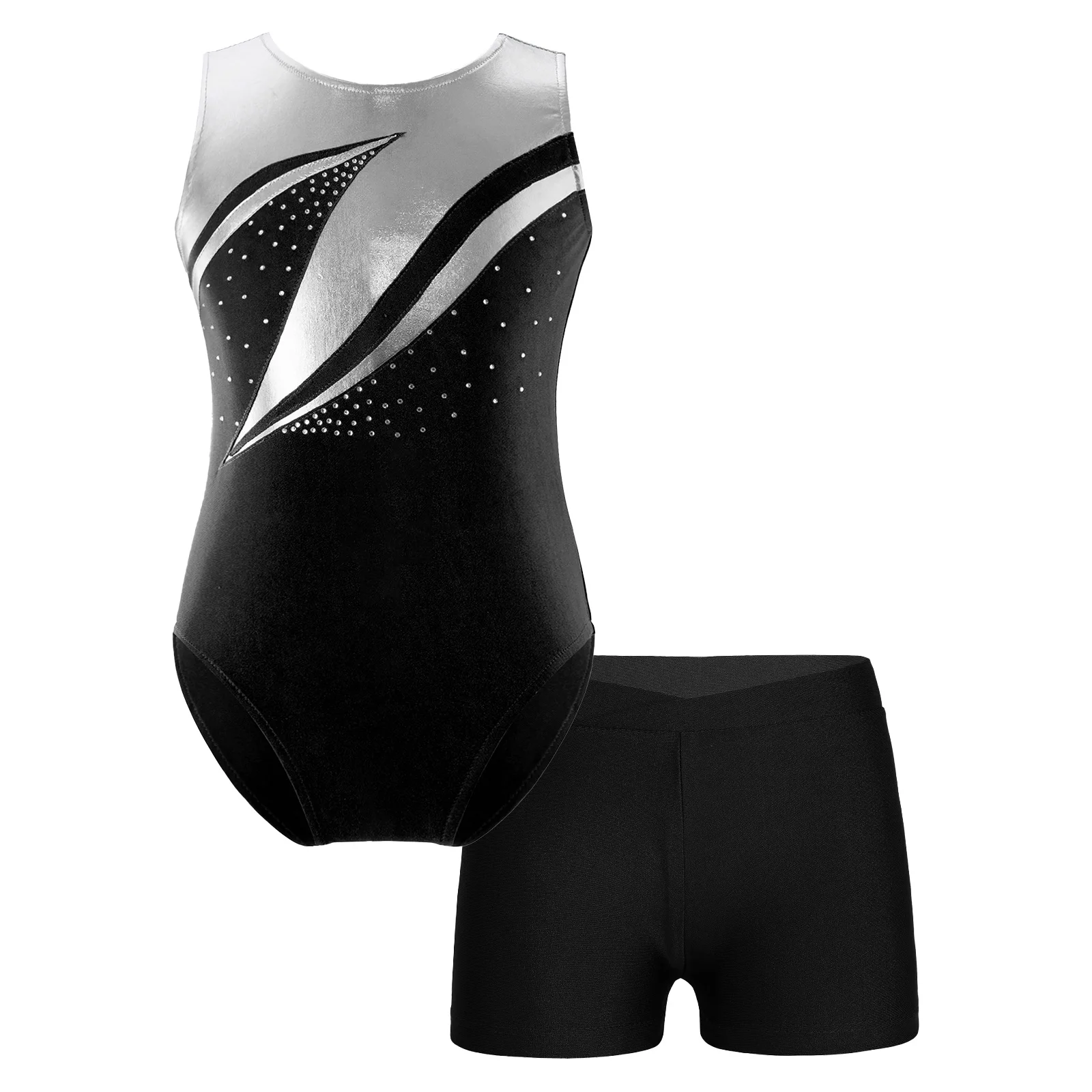 Kids Girls Gymnastics Leotards with Shorts Shiny Rhinestone Patchwork Yoga Skating Workout Unitard Ballet Dance Jumpsuit