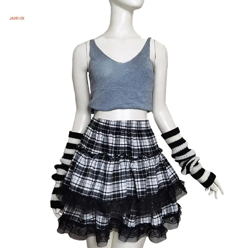 Women Sweet Layered Lace Trim Cake Skirt Double Tiered JK Gothic Checkered Elastic High Waist Mini Skirt