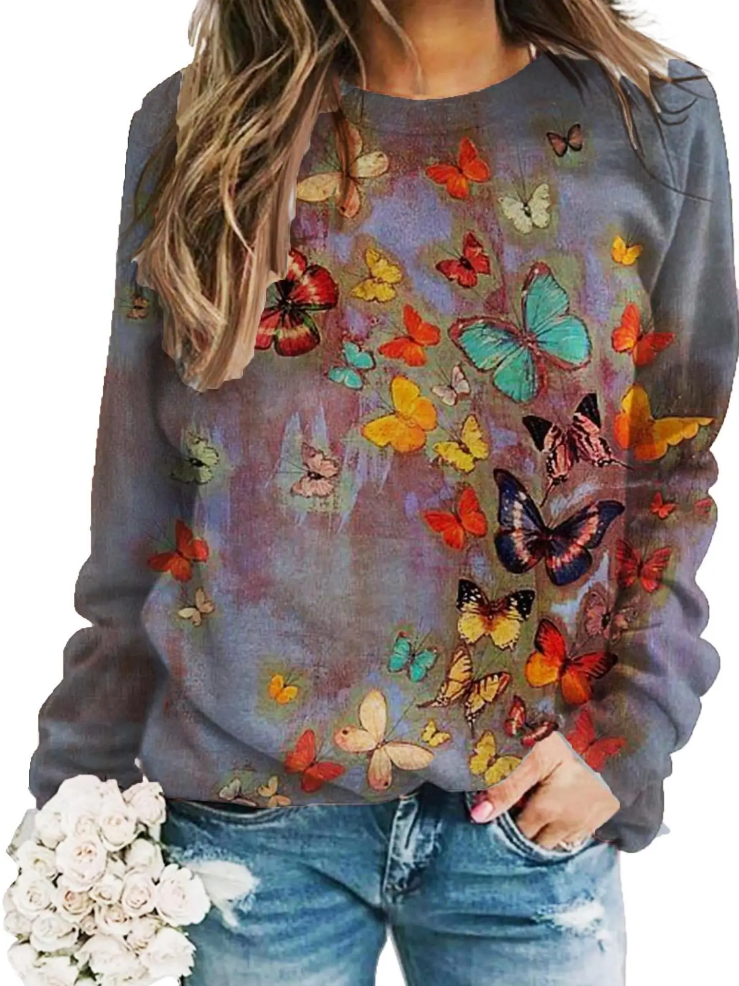 Vlinder Patroon Sweatshirts Cowboy 3D Print vrouwen O-hals Raglanmouwen Hoodies Y2k Truien Harajuku Tops Vrouw Kleding