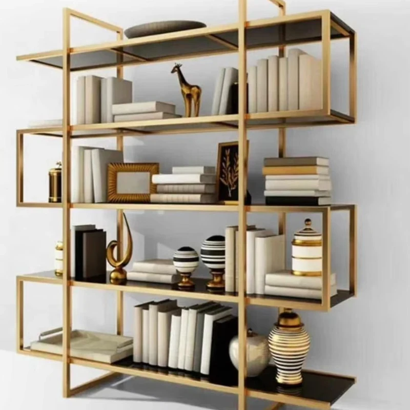 Living room furniture metal corner library bookshelf bookshelf stainless steel bookshelf luxury modern glass
