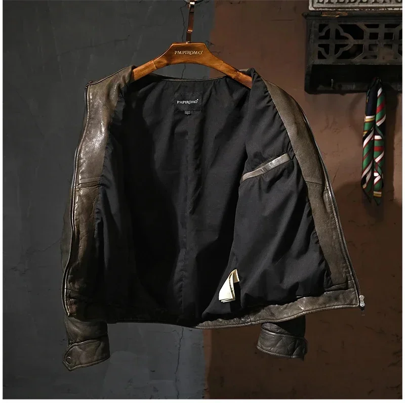 LNY!Wholesales.Brand luxury Vintage style slim men genuine leather jacket.heavy tanned sheepskin coat.Cool Korean