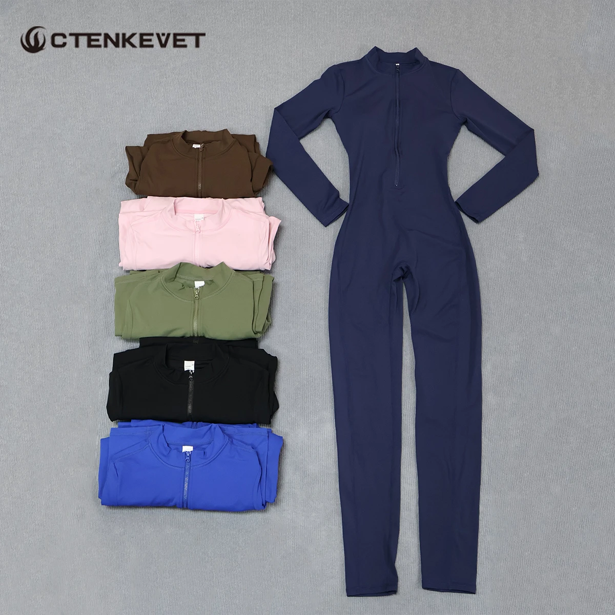 Ctenkevet Women's Long-Sleeved Jumpsuit Butt Lifting Gym Activewear Sport Outfit with Half-Zipper V-Back Design for Ladies