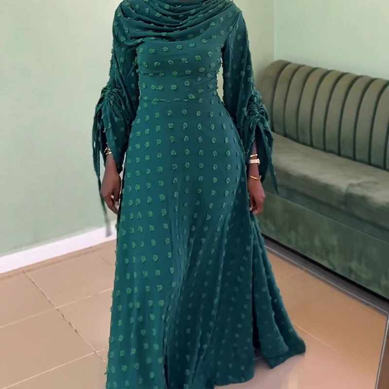 

Spring Vintage High Waisted Pleated Holiday Dress Women Elegant Swing Party Dress Jacquard Solid Color O-neck Long Sleeved Dress