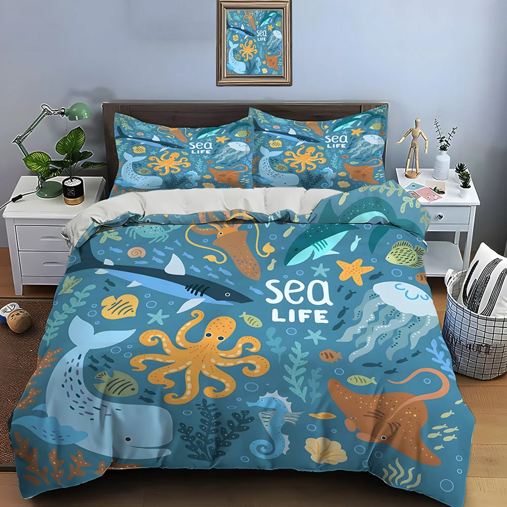 Cartoon Sea Life Illustration Print Soft Comfortable Duvet Cover Bedding Set Included 1*Duvet Cover  2*Pillowcases Luxury gifts