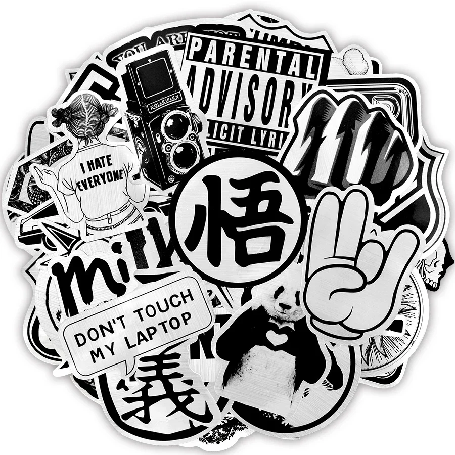 50Pcs Funny Black White Laser Stickers Cartoon Decals for Laptop Luggage Stationery Motorcycle Helmet Car Cool Sticker Toy