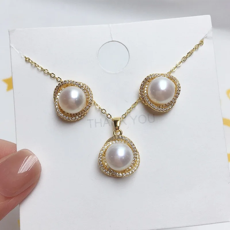 

Women Pearl Pendant Stud Ring Set S925 Luxury Banquet Jewelry For Girlfriend 080111