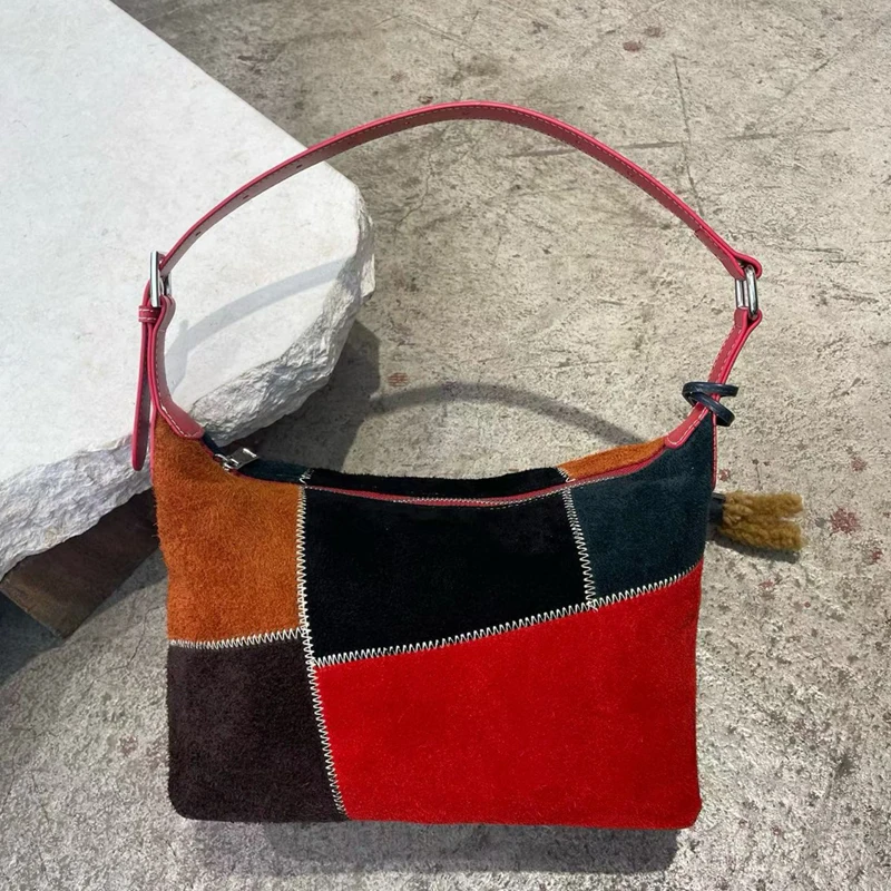 

Сумки-бродяги из натуральной кожи для женщин, роскошные дизайнерские сумки, кошельки, новинка 2025 года, из воловьей кожи с цветными блоками, дизайн под мышками на плечо