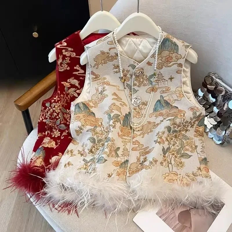Outerwears Women's Vest New red National Wind Vest Ostrich Hair Embroidered Vest acket  Spring and Autumn Cotton Women's Coat