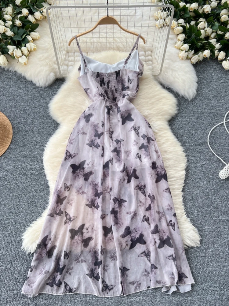 Beach Summer Dress Women French Vacation Camisole Dress Niche Ruffle Edge Patchwork Irregular Print Dress