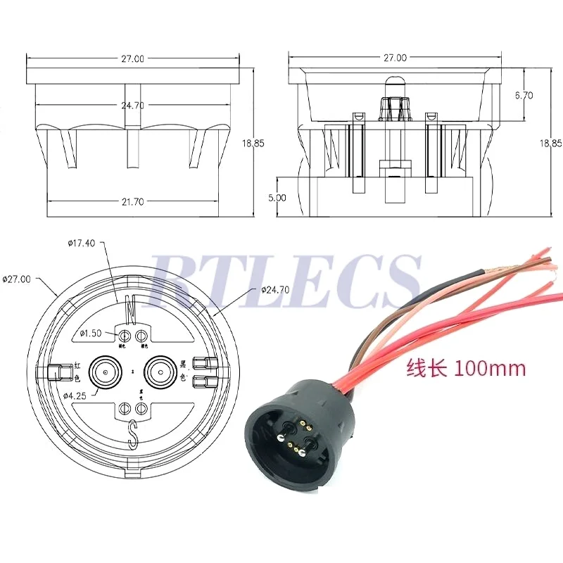 Magnetischer runder Pogo-Pin-Stecker, 10 A, männlich, weiblich, Metall, federbelastet, 1-poliges DC-Ladegerät, 16 AWG-Draht, M12-Gewinde, Gold – Detail 15