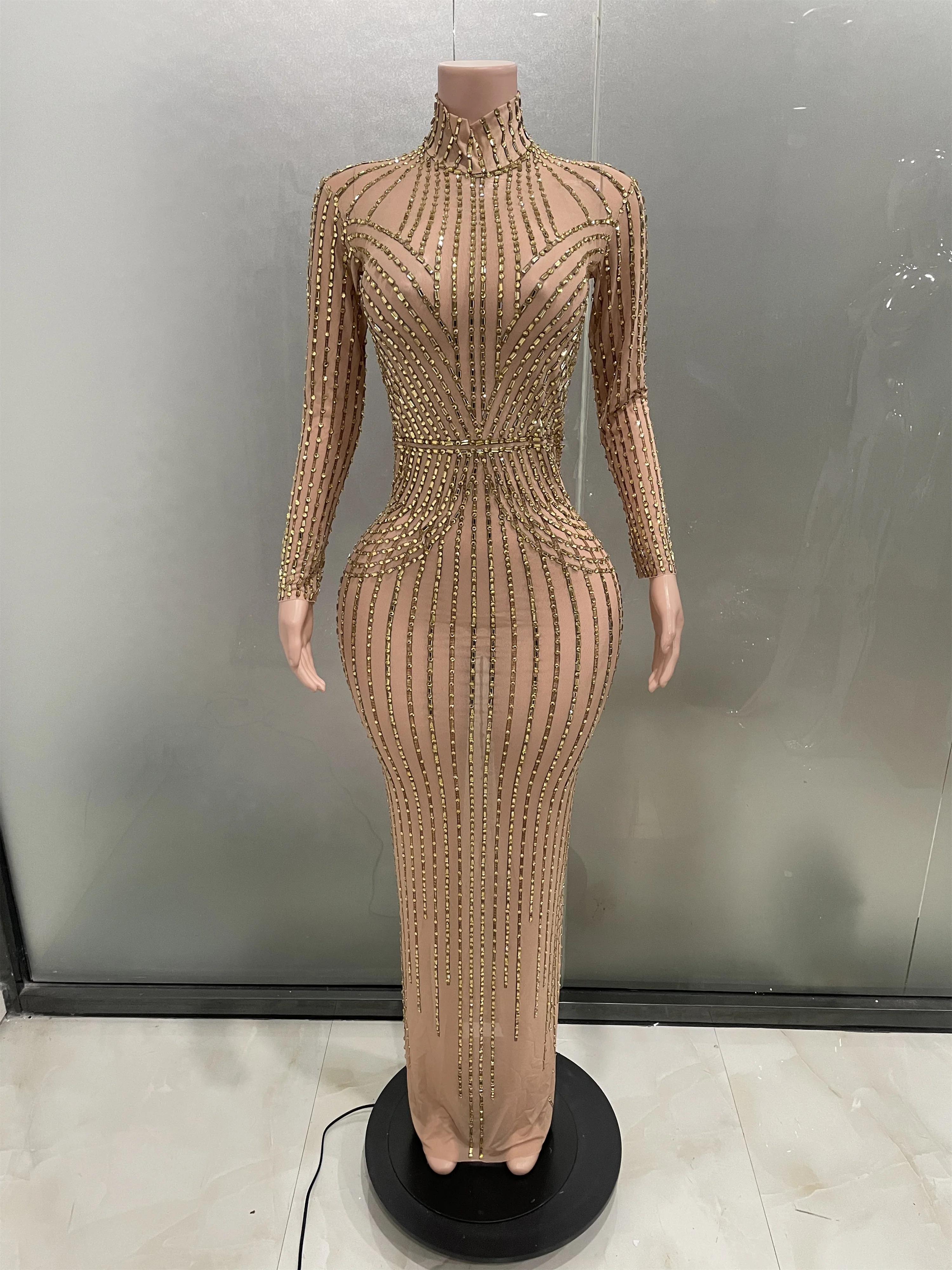 Sexy Sparkly Rhinestones Golden Long Dress Women Elegant Long Sleeve Mesh Bodycon Dress Celebrate Birthday Party Stage Wear